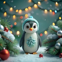 Obraz premium Christmas gift penguin bird in Santa Claus hat, set 3D toy character and decoration. Winter holiday template, festive design, seasonal present. Greeting collection Merry Christmas and Happy New Year.
