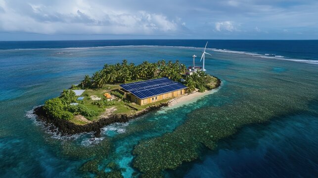 A microgrid electrical system providing power to a remote island, utilizing a combination of solar, wind, and battery storage to maintain energy independence