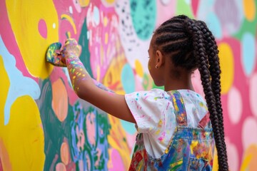 A young girl creates vibrant art on a colorful wall. She expresses her creativity through paint and color. Art brings joy and imagination to life. Generative AI