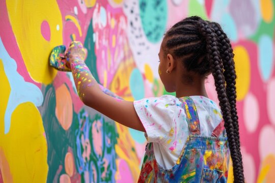 A young girl creates vibrant art on a colorful wall. She expresses her creativity through paint and color. Art brings joy and imagination to life. Generative AI