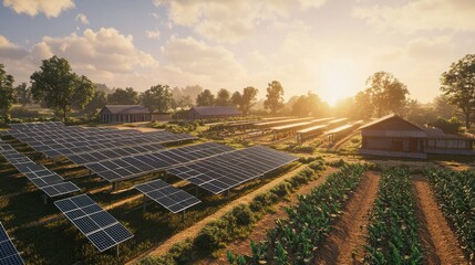 A rural village generating its own power through a community solar farm, with rows of solar panels feeding into a shared energy storage system managed by local residents