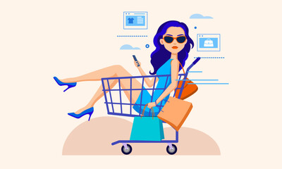 Illustration of a woman sitting in a wheelchair holding a shopping bag, using a smartphone to shop online on the internet and engage in e-commerce.