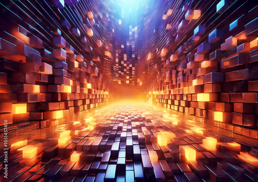 Poster 3d rendering of abstract geometric background with glowing cubes and bright lights