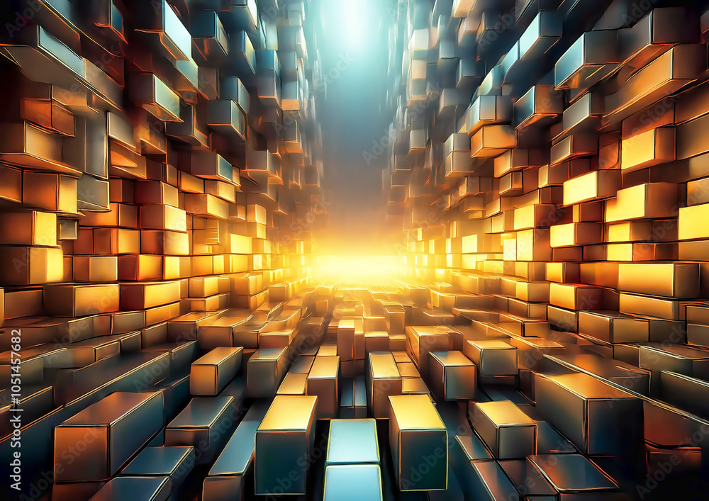 Aufkleber futuristic abstract background with glowing golden cubes. 3d rendering