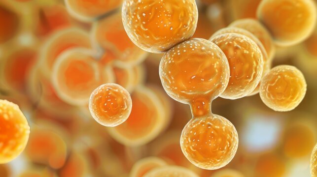 A microscopic image of Saccharomyces boulardii yeast, showcasing its structure and natural appearance with remarkable detail. Speculative Medical illustrative image