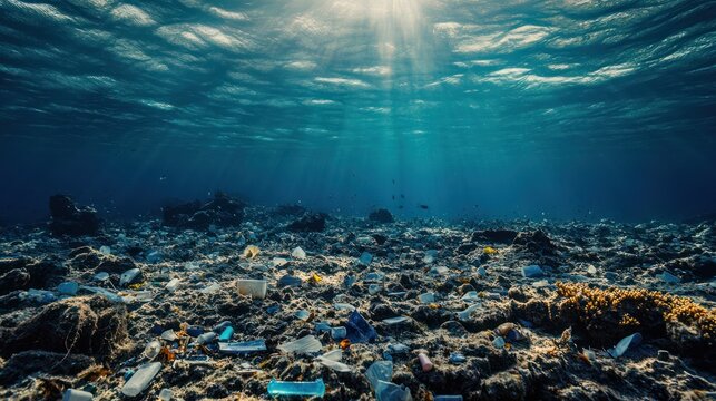 A seafloor littered with microplastics, where underwater currents carry plastic particles that settle among marine habitats, threatening aquatic biodiversity