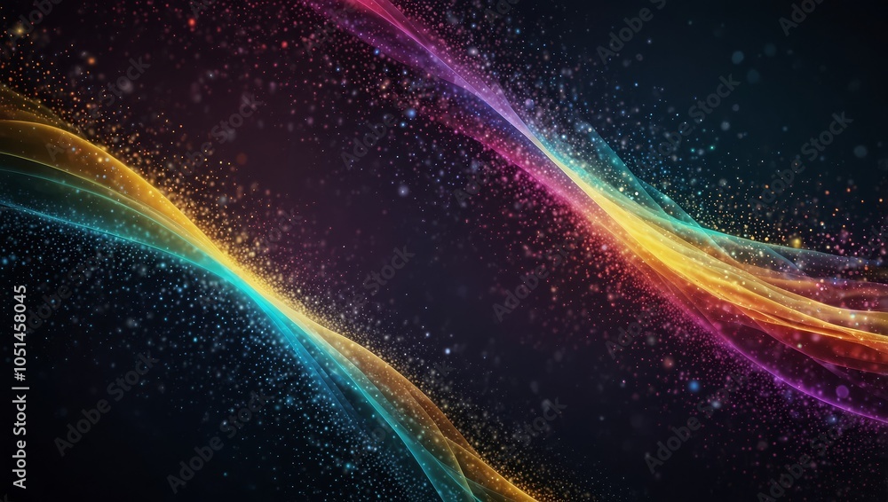 Wall mural digital colorful particles wave and light abstract background with shining dots stars