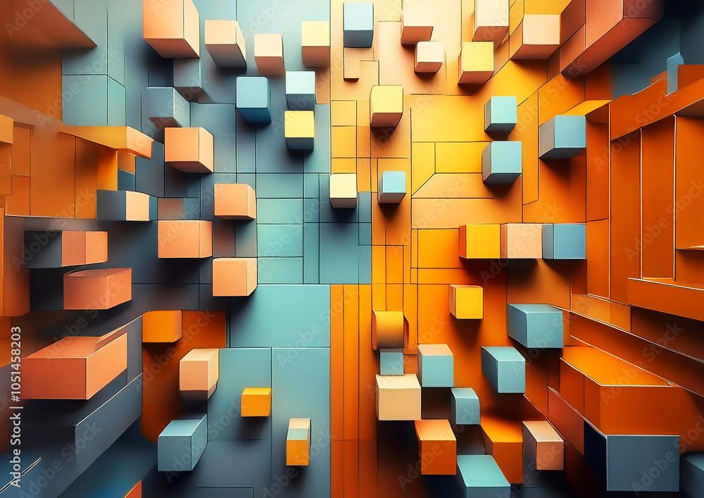 Poster 3d rendering of abstract geometric background with cubes in orange and blue