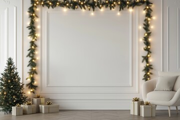 White wall mock up with copy space decorated in Christmas style with illumination and pine branches on the sides 