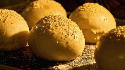 Buns for hamburger rising up in oven. Buns baking in oven. Fresh buns with sesame. Process of making burger buns. Time-lapse. Homemade bakery. Close-up in 4K, UHD