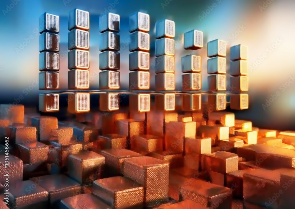 Poster 3d rendering of a pile of golden cubes on a light background