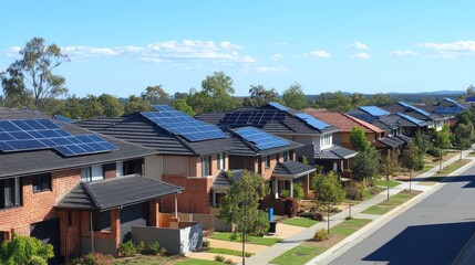 Naklejka premium A suburban neighborhood using smart grid technology, with solar panels on every rooftop connected to a grid that balances power distribution based on demand and supply