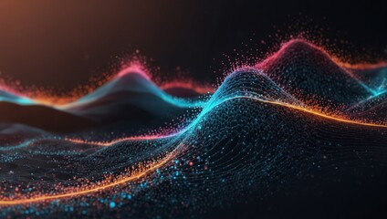 Obraz premium Dots on 3D wave landscape. Connection through technology background concept. Digital world, virtual reality, cyberspace, metaverse concept. Data science and digital particle