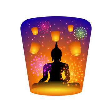 recommend clip art: Vector illustration of burning paper lantern with sitting Buddha and colorful firecrackers pattern on transparent background