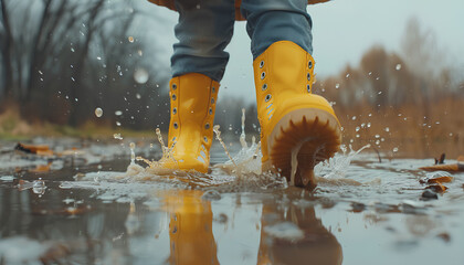 Child in yellow boots splashing in puddles, symbolizing joy and exploration in nature