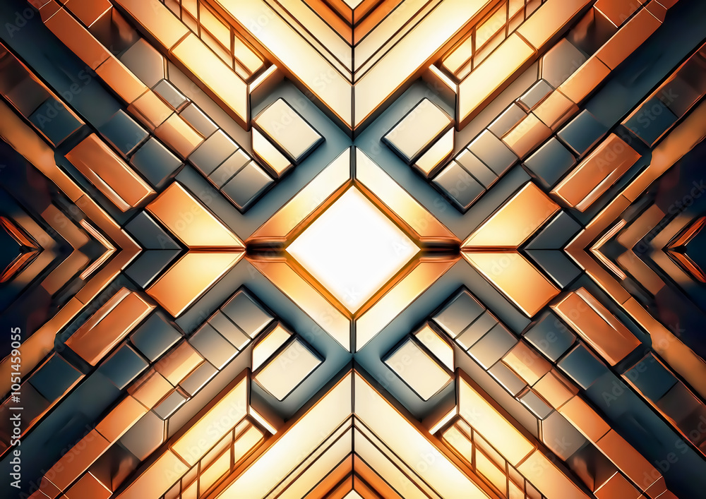 Poster 3d rendering of abstract geometric composition with golden and silver metallic elements