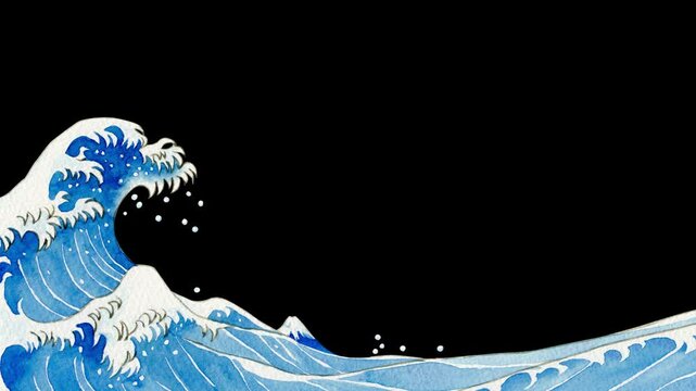浮世絵 富士山 波 背景 フレーム　水彩 イラスト　ループ 動画