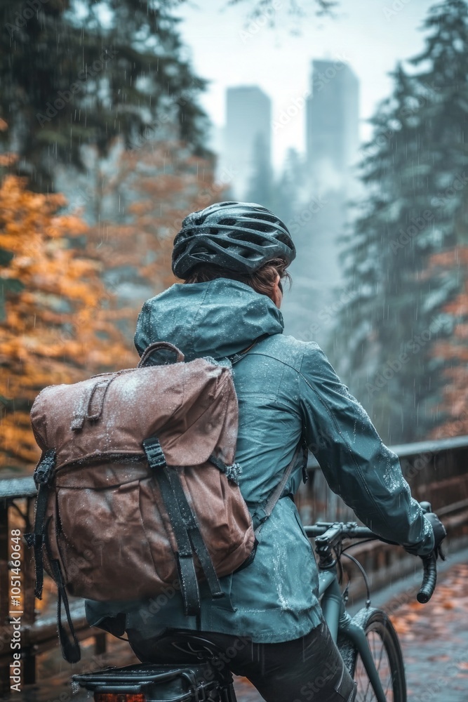 Poster a cyclist navigates a misty path lined with colorful autumn foliage, basking in the tranquility of a