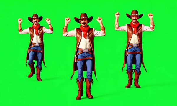 three cowboys wearing hats dancing on green screen