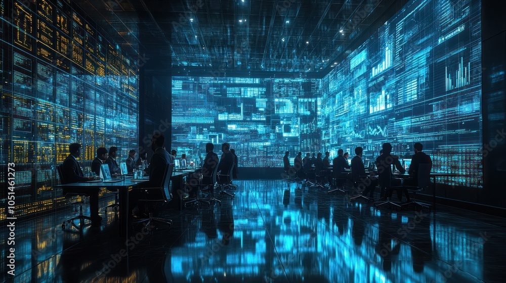 Poster silhouetted figures working in a room filled with data displays
