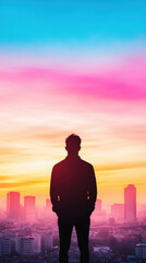 Fototapeta premium silhouette of man stands against vibrant sunset, with colorful skies blending pink, orange, and blue hues. city skyline creates stunning backdrop, evoking sense of wonder and tranquility