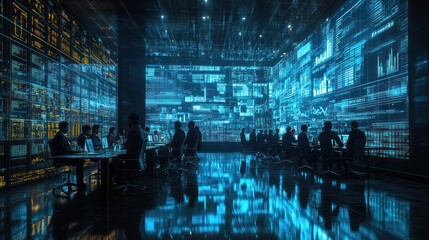 Fototapeta premium Silhouetted Figures Working in a Room Filled with Data Displays
