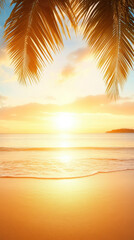 serene sunset over tranquil beach, with palm leaves framing scene. golden hues reflect on water, creating peaceful and warm atmosphere