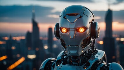Fototapeta premium Futuristic robot with glowing eye against cityscape