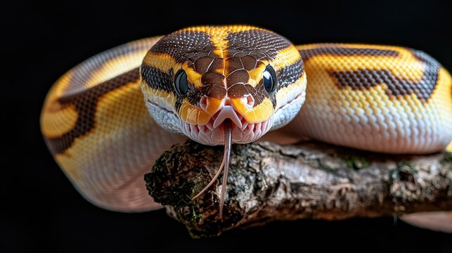 A close-up shot of a yellow and black ball python with its tongue out on a branch.