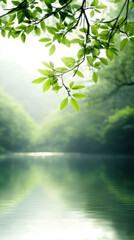 Fototapeta premium Lush green leaves gently sway above serene, reflective body of water, creating tranquil atmosphere in peaceful natural setting
