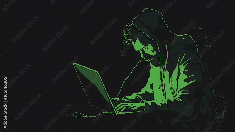 Poster abstract polygonal hacker with laptop on technology dark green background. cyber attack and cyber se
