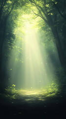Obraz premium serene forest scene illuminated by soft sunlight filtering through trees, creating tranquil atmosphere. gentle rays highlight lush greenery and peaceful path ahead