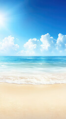 Fototapeta premium serene beach scene featuring soft golden sand, gentle waves, and clear blue sky filled with fluffy white clouds. tranquil atmosphere evokes sense of peace and relaxation