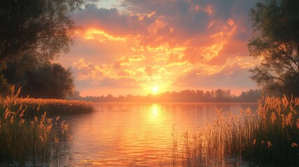 Serene sunset over a tranquil lake with lush vegetation.