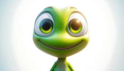 Fototapeta premium An adorable green character with large, expressive eyes and a cheerful expression, isolated against a bright white backdrop.
