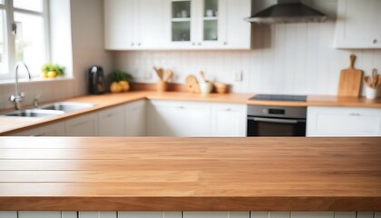 Fototapeta premium Smooth Wood Tabletop with Blurred Kitchen Backdrop, Ai generated Images