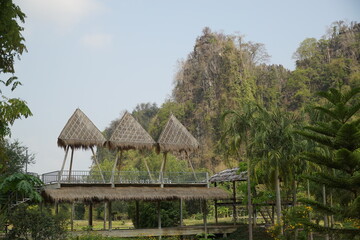 A wooden bridge with a few small houses on it