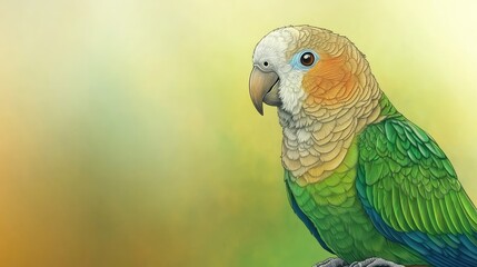 Obraz premium A colorful parrot with green, brown, and blue feathers, with a white head, sits against a blurred green and yellow background.