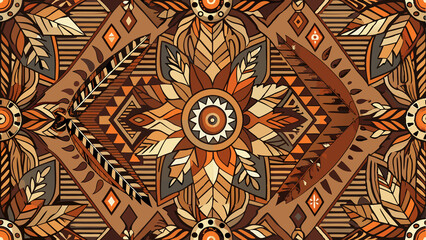 Tribal Geometric Pattern with Sun Motif in Warm Earth Tones