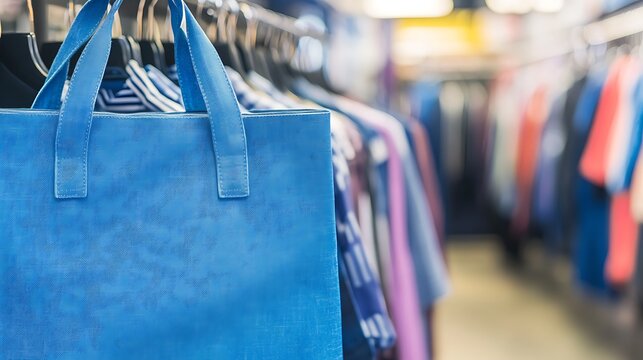 A blue tote bag hangs in a clothing store, surrounded by various garments on display.