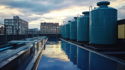 A rainwater harvesting system on an urban rooftop, where large storage containers and efficient filtration units collect rainwater for use in nearby buildings