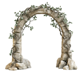 Ancient stone arch with leafy vines, isolated on transparent cutout background