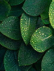 Obraz premium A serene natural backdrop of vibrant green leaves with dew, perfect as an abstract wallpaper