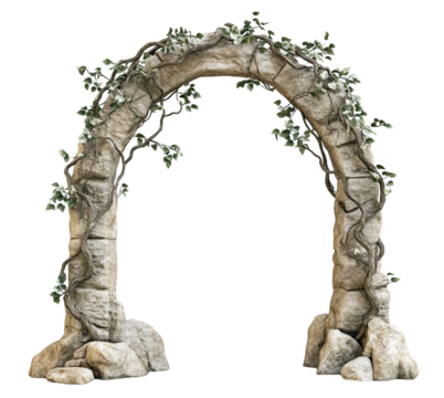 Ancient stone arch with leafy vines, isolated on transparent cutout background