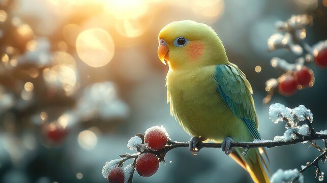 A green and yellow parakeet perched on a snow-covered branch with red berries, bathed in the warm glow of the setting sun.