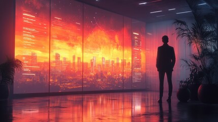 Fototapeta premium A Silhouetted Figure Stands Before a Large Window Displaying a Fiery Cityscape