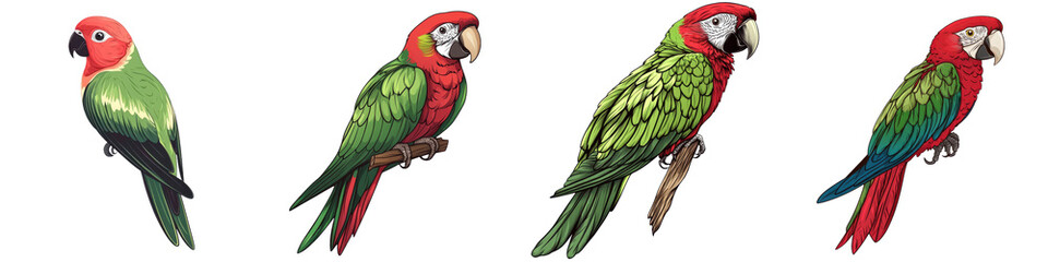 Obraz premium Four colorful and vibrant macaw parrots perching on branches in a lush green tropical rainforest habitat The parrots display their stunning multicolored plumage of red green and blue feathers