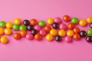 Obraz premium Colorful Skittles candies on a pink background