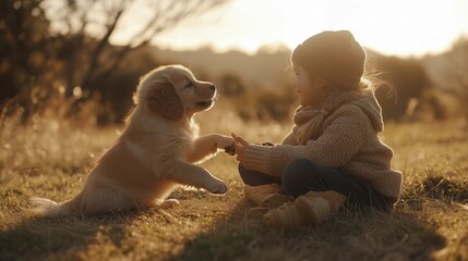Heartwarming moments of a Golden Retriever puppy playing with children
