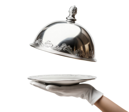 Waiter's white-gloved hand presenting a dish with a raised silver cover, isolated on transparent cutout background